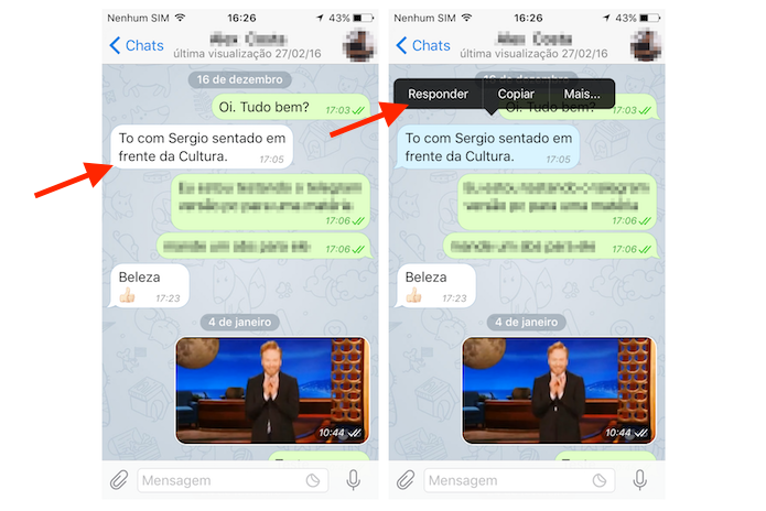 Acessando o recurso para responder mensagens antigas no Telegram para iPhone (Foto: Reprodução/Marvin Costa)