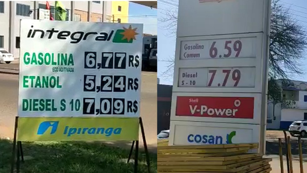 A foto da esquerda mostra a tabela de preços no Paraguai, já a da direita é em um posto brasileiro. — Foto: Reprodução