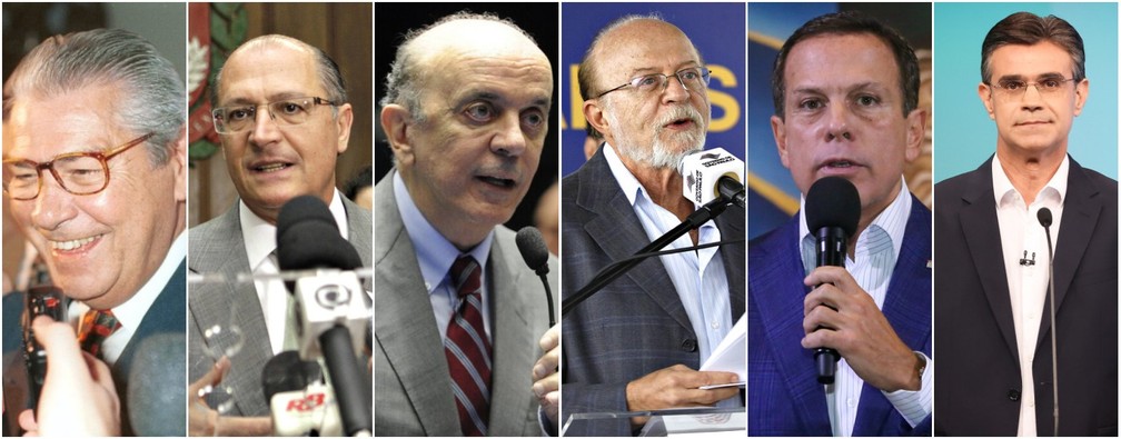 Os seis governadores do PSDB em SP: Mário Covas, Geraldo Alckmin, José Serra, Alberto Goldman, João Doria e Rodrigo Garcia.  — Foto: Montagem/g1