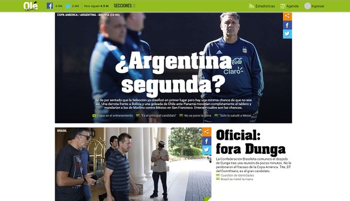 Notícia demissão de Dunga, jornal Olé (Foto: Reprodução)