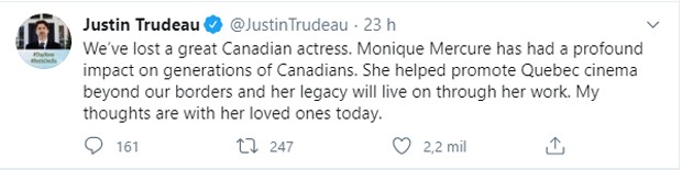 Justin Trudeau, primeiro-ministro do Canadá, lamenta a morte de Monique Mercure (Foto: Reprodução Twitter)