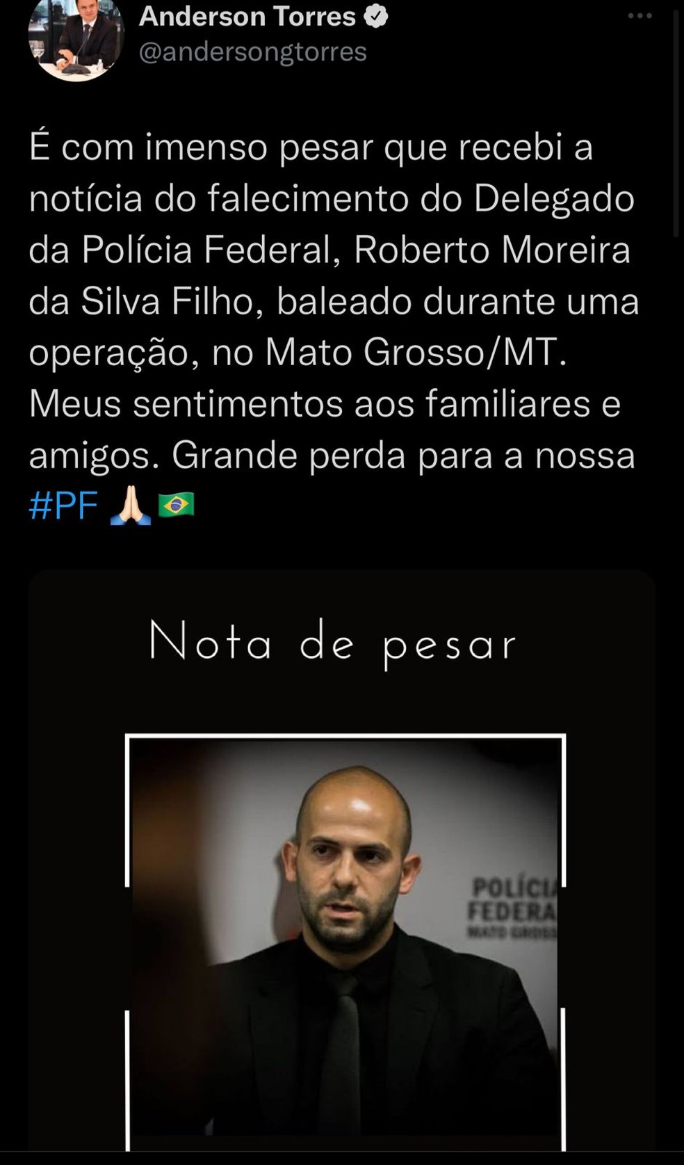 Ministro da Justiça e Segurança Pública lamenta a morte do delegado — Foto: Reprodução. 