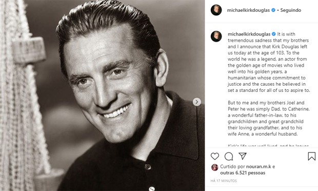 Michael Douglas lamenta a morte do pai, Kirk Douglas (Foto: Reprodução/Instagram)
