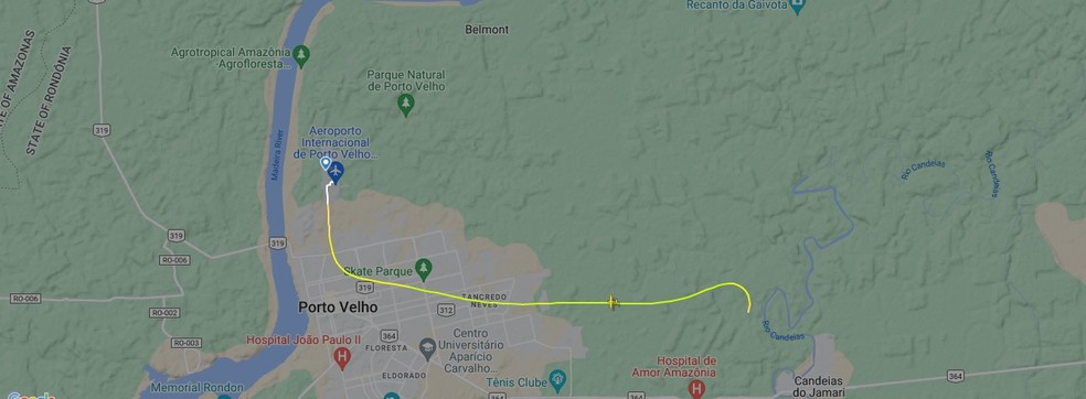 Plataforma mostra último voo avião antes sair pista em Porto Velho — Foto: Flightradar24/Reprodução