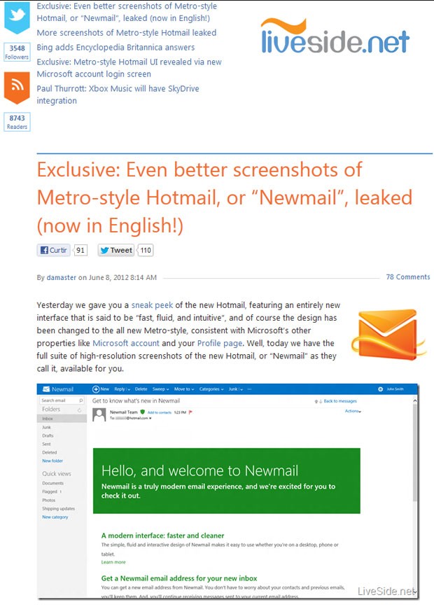 'Newmail' seria o novo nome do serviço Hotmail, se acordo com imagens publicadas pelo site 'Liveside.net' (Foto: Reprodução)