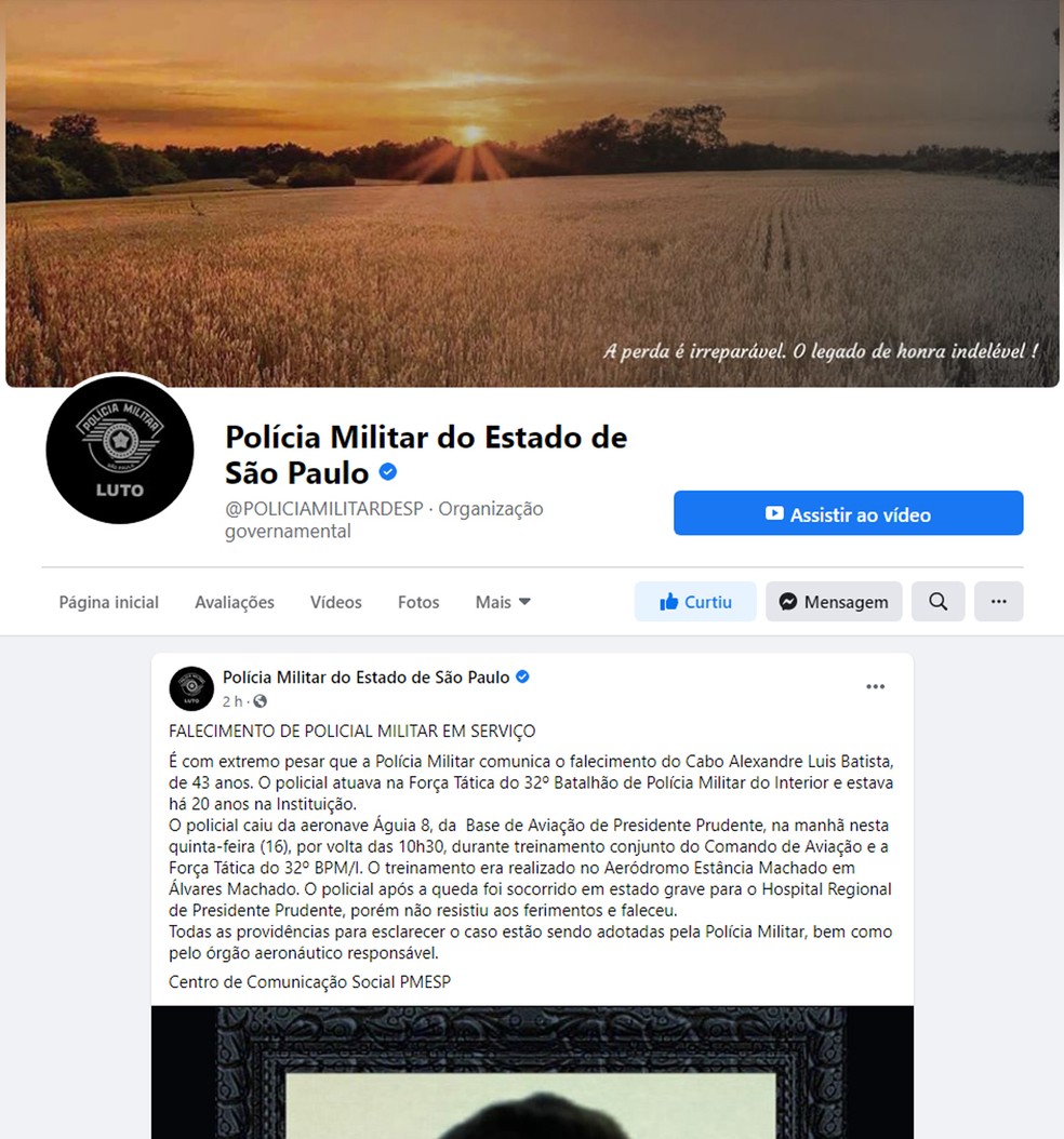 Em rede social, a Polícia Militar do Estado de São Paulo manifestou luto pela morte do cabo — Foto: Reprodução/Facebook