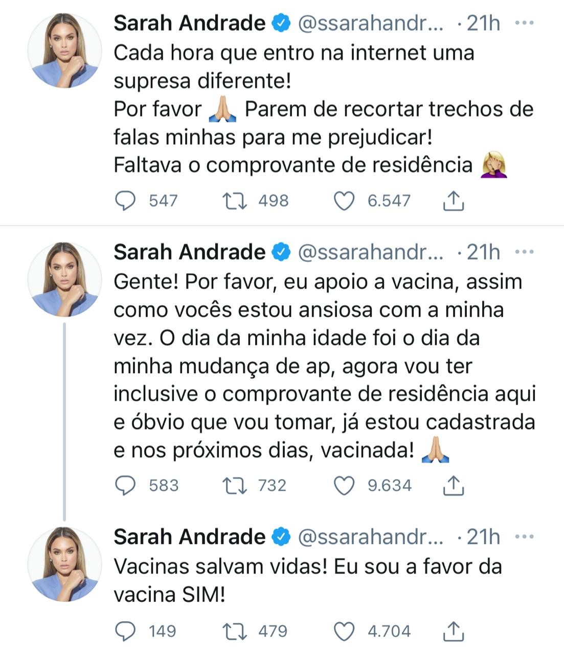 Sarah Andrade posta desabafo sobre a vacina da Covid-19 (Foto: Reprodução/Instagram )