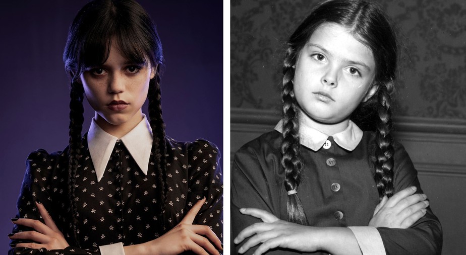Jenna Ortega em 'Wandinha' (2022) e Lisa Loring em 'A Família Addams' (1964-1966)