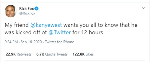 Publicação de Rick Fox sobre Kanye West (Foto: Reprodução/Twitter)