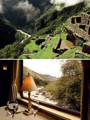 Acima: Machu Picchu pela manhã, sem nenhum turista. Abaixo: mesa de almoço no trem Hiram Bingham, da rede Orient-Express (Foto: Fernando Louza)
