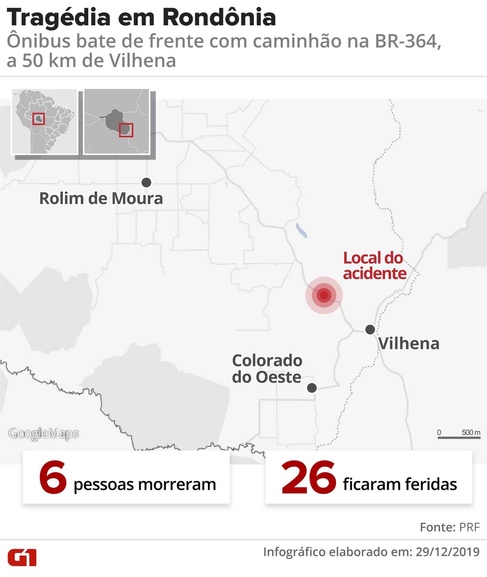 Infográfico mostra local do acidente que matou seis pessoas na BR-364 em Rondônia — Foto: Rodrigo Sanches/G1