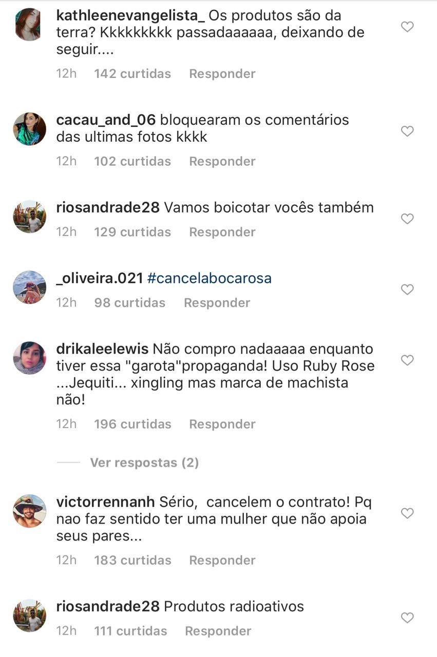 Comentários  sobre Bianca Andrade, a.k.a. Boca Rosa, no Instagram da Payot (Foto: Reprodução/Instagram)