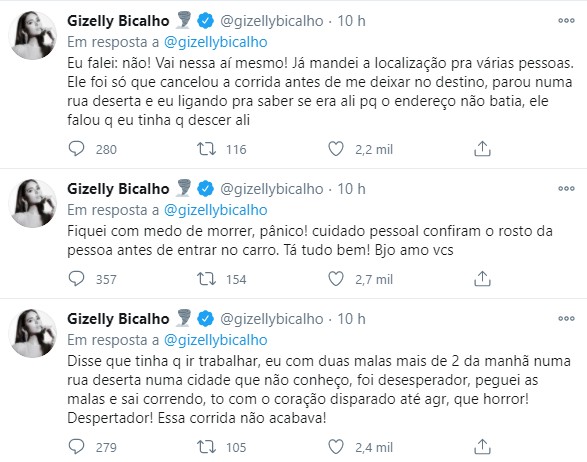 Ex-BBB Gizelly Bicalho relata medo em viagem de carro com motorista de app (Foto: Reprodução/Twitter)