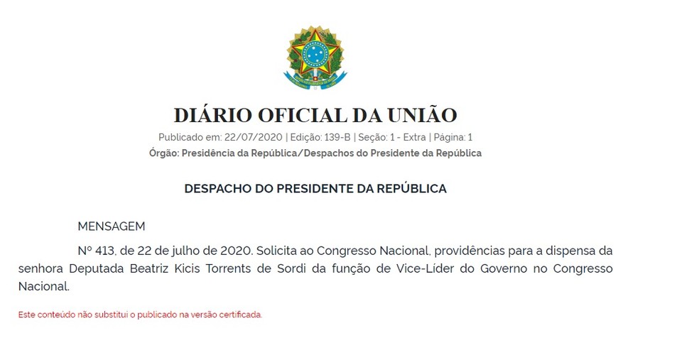 Ato do presidente Jair Bolsonaro publicado no 'Diário Oficial da União' — Foto: Reprodução
