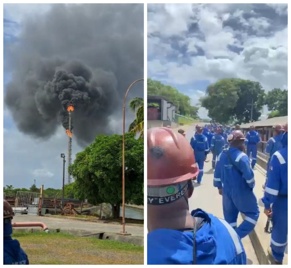 Vídeo feito por funcionários da Refinaria Landulpho Alves mostra chamas e fumaça preta em torre — Foto: Reprodução/Redes Sociais