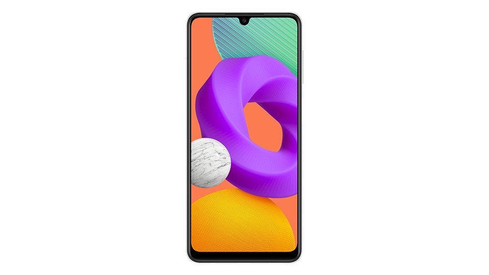 Galaxy M22 tem bordas finas e câmera frontal em formato de "U" — Foto: Divulgação/ Samsung