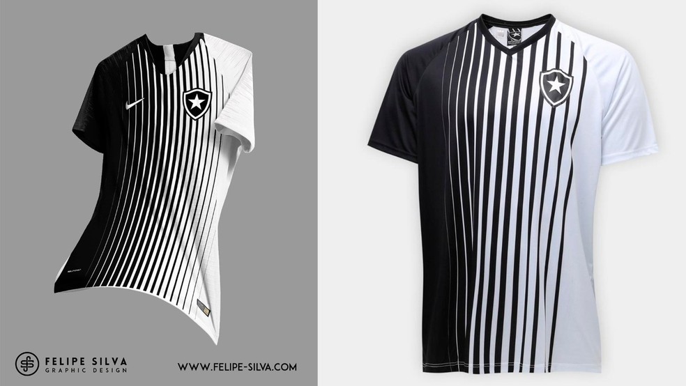 Design camisa Botafogo TCC Felipe Silva x camisa produzida pela Braziline — Foto: Reprodução