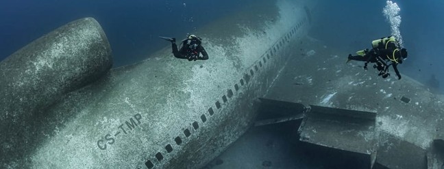 Mergulhador explora o avião Lockheed L-1011 TriStar afundado no Mar Vermelho, na Jordânia — Foto: Reprodução / Brett Hoelzer / Deep Blue Dive Center