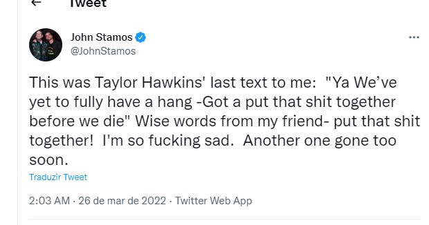 O tweet de John Stamos sobre Taylor Hawkins (Foto: Reprodução Twitter)