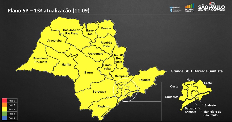 Vale e região bragantina seguem na fase amarela do Plano SP na atualização de 11 de setembro — Foto: Divulgação/ Governo de São Paulo 