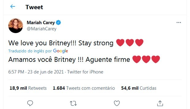 Mariah Carey apoia Britney Spears (Foto: Reprodução/Twitter)