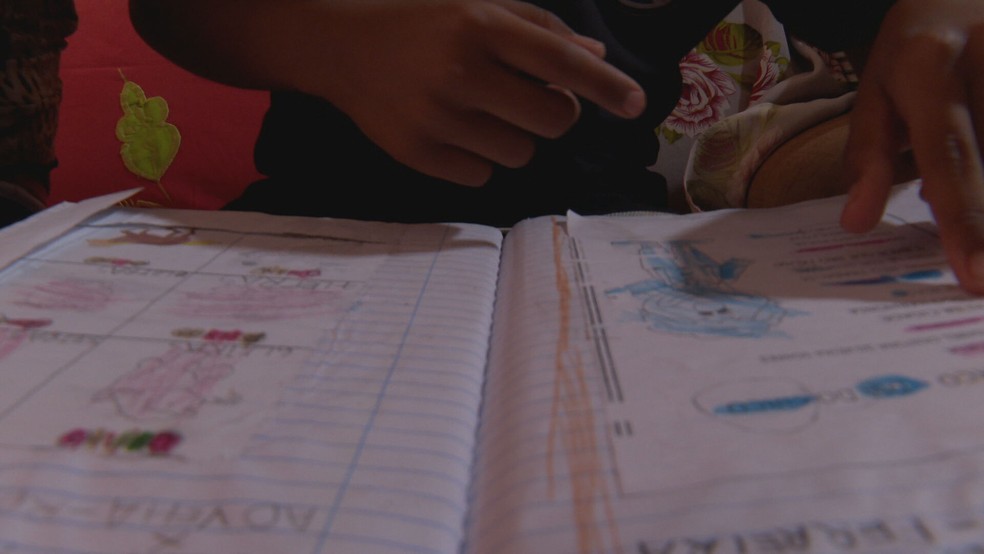 Criança moradora de Santa Luzia, na Estrutural, estuda em casa durante pandemia — Foto: TV Globo/Reprodução
