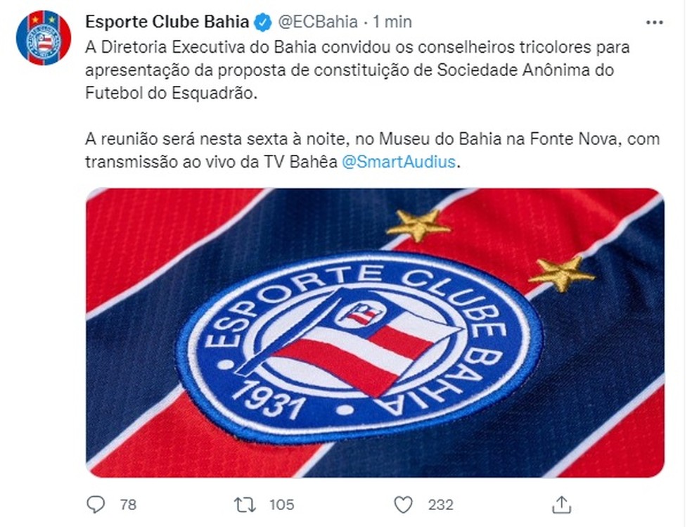 Post do Bahia convoca conselheiros para apresentar proposta de constitui��o da SAF � Foto: Reprodu��o/Twitter