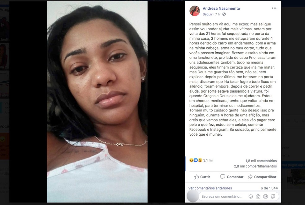 Jovem de 21 anos posta relato nas redes sociais após ser estuprada por três homens em Cabo Frio, no RJ — Foto: Reprodução/Facebook