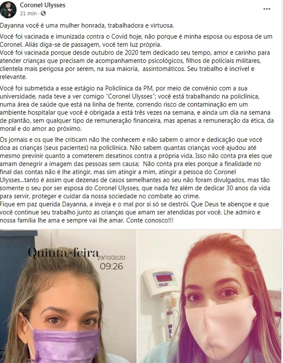 Coronel Ulysses Araújo saiu em defesa da esposa e disse que críticas são para atingir ele e não a mulher — Foto: Reprodução