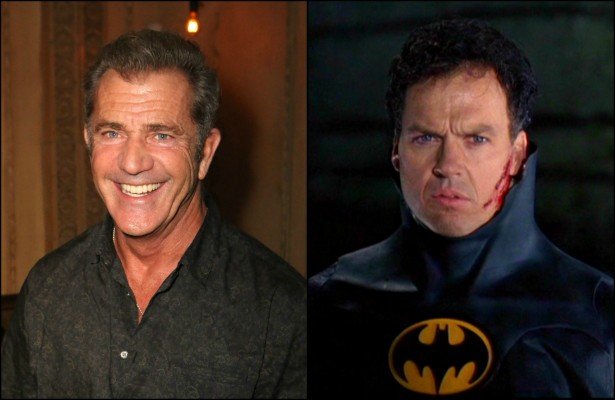 A priori, Mel Gibson (à esq.) é quem deveria interpretar Batman nas versões de Tim Burton para o herói. Porém o ator se recusou porque acreditava que a produção seria um fracasso. Michael Keaton ganhou o papel e foi alçado ao status de galã no início dos anos 90. (Foto: Getty Images e Divulgação)