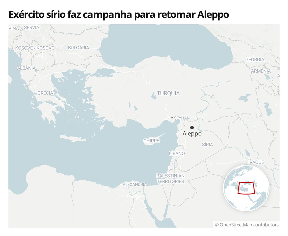 Mapa mostra a localização de Aleppo, na Síria — Foto:  G1