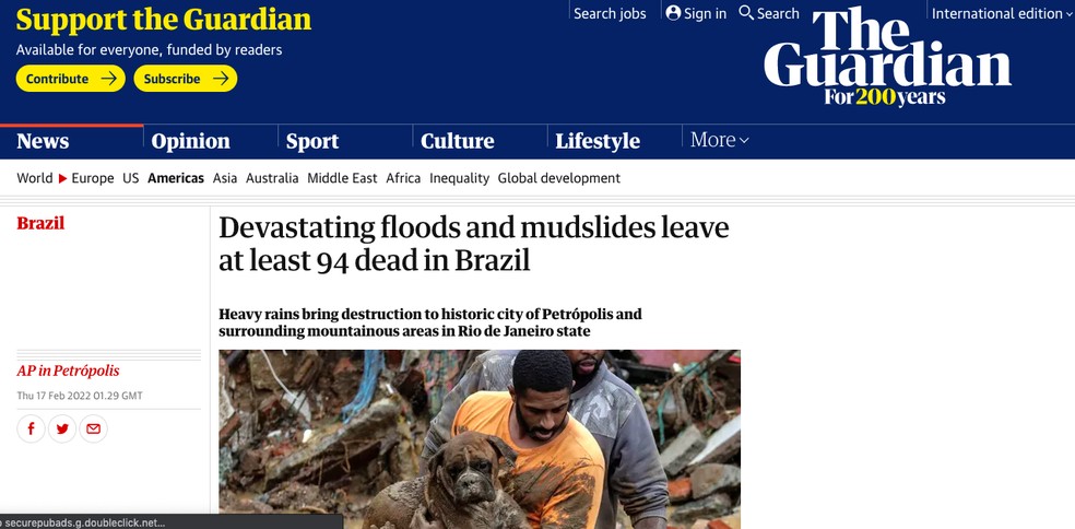 'Inundações devastadoras e deslizamentos de terra deixam pelo menos 94 mortos no Brasil', diz o Guardian — Foto: Reprodução/The Guardian
