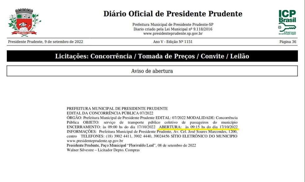 Edital publicado no Diário Oficial de Presidente Prudente (SP) no dia 9 de setembro — Foto: Reprodução/DOE