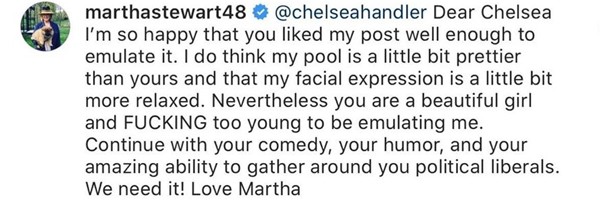 Martha Stewart respondeu a Chelsea Handler – e fãs não entenderam se comentário foi ironia ou crítica (Foto: Reprodução / Instagram)