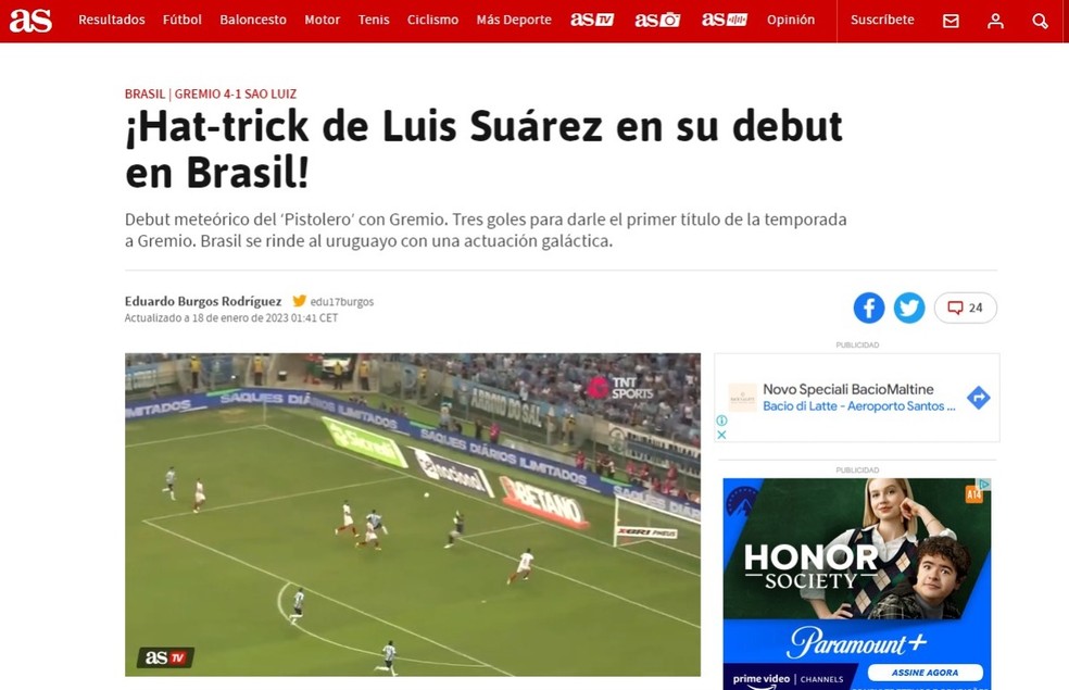 Jornal As repercute estreia de Suárez pelo Grêmio — Foto: Reprodução/As