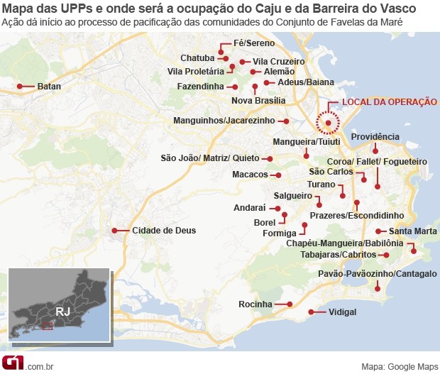 Mapa das UPPs e onde será a ocupação do Caju e da Barreira do Vasco (Foto: Editoria de Arte/G1)