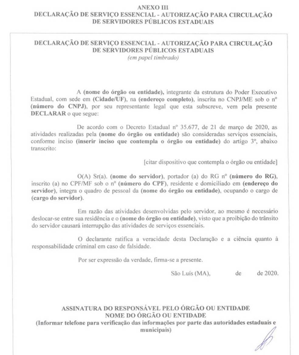 Declaração de serviço essencial para circulação de trabalhadores da rede pública na Grande São Luís — Foto: Governo do Maranhão