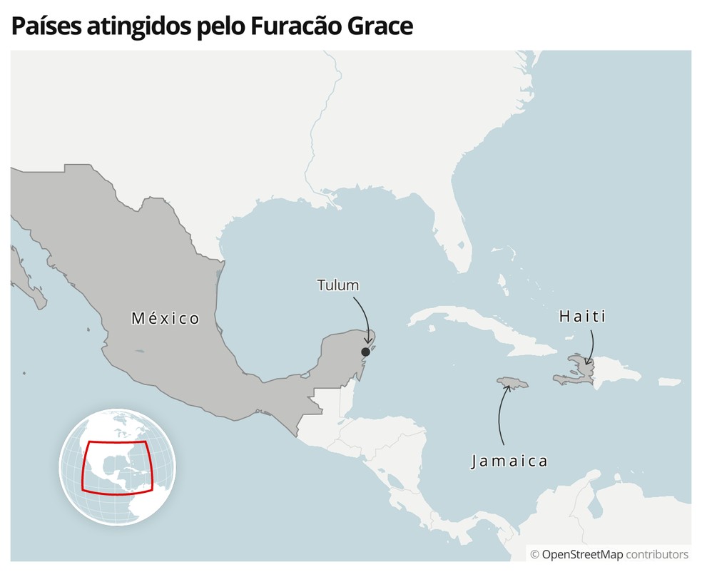 Mapa mostra países atingidos pelo furacão Grace — Foto:  G1