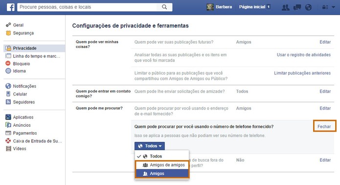 Escolha a privacidade apenas para amigos para a busca do perfil usando seu telefone no Facebook (Foto: Reprodução/Barbara Mannara)