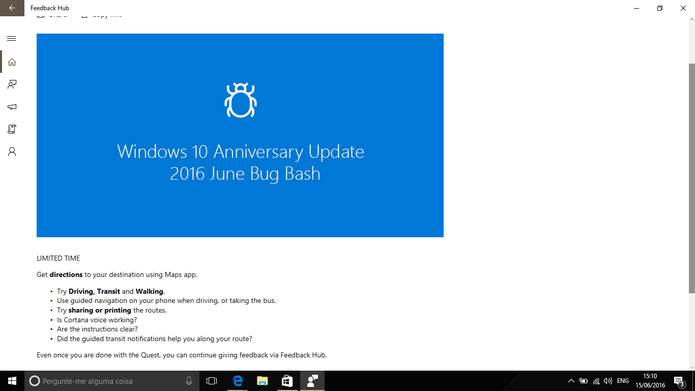Bug Bash do Windows 10 é um evento da Microsoft para identificar problemas (Foto: Reprodução/Elson de Souza)