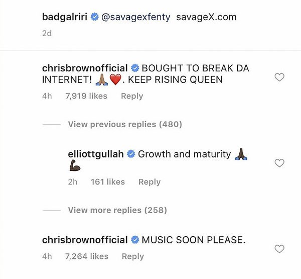 Comentários de Chris Brown em foto de Rihanna (Foto: Reprodução Instagram)