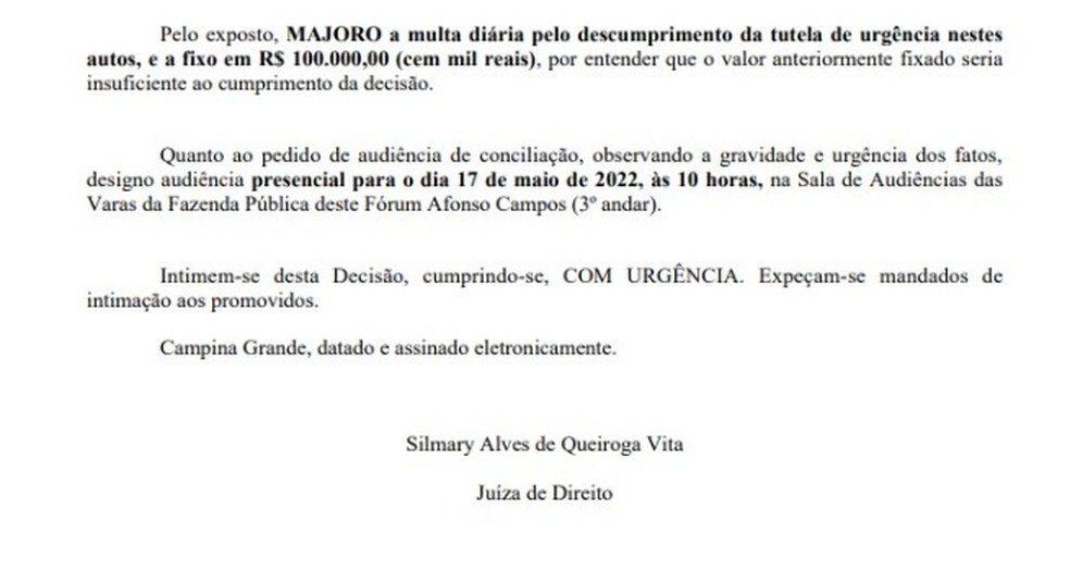 Parte do documento com a decisão — Foto: Reprodução/TJPB