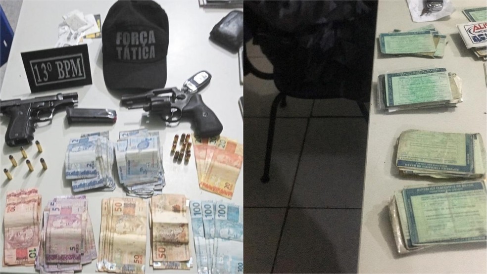 Armas, dinheiro e documentos de veículos foram apreendidos pela PM em Teresina — Foto: Divulgação/PM-PI
