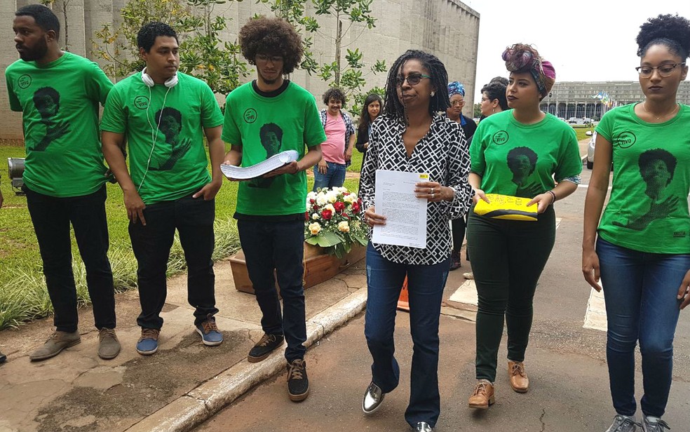 Diretora executiva da Anistia Internacional no Brasil, Jurema Werneck, leva 63 mil assinaturas no manifesto 'Jovem Negro Vivo' ao Minsitério da Justiça (Foto: Marina Oliveira/G1)