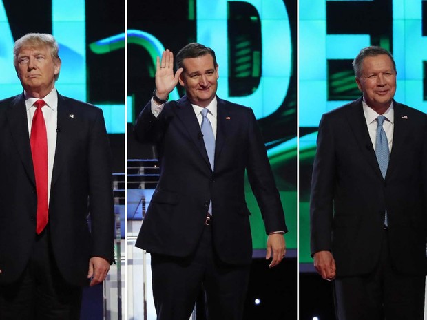 Os pré-candidatos republicanos Donald Trump, Ted Cruz e John Kasich durante debate promovido pela CNN na Flórida em 10 de março (Foto: REUTERS/Carlo Allegri)