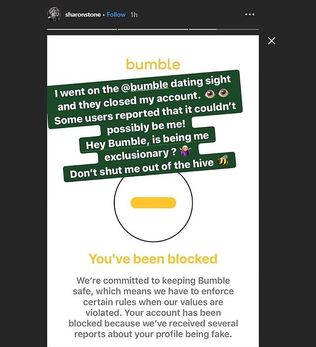 O post de Sharon Stone lamentando o bloqueio do qual foi vítima no aplicativo de relacionamentos  (Foto: Instagram)