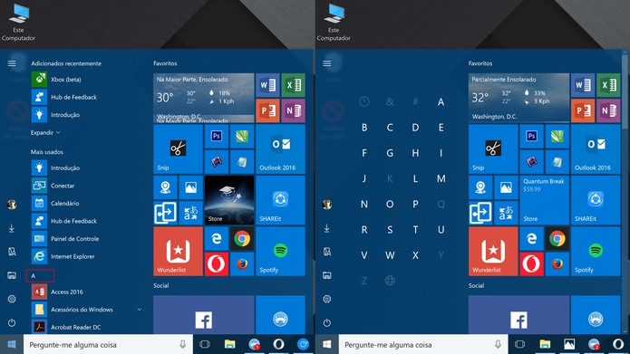 Menu Iniciar do Windows 10 tem navegação por ordem alfabética (Foto: Reprodução/Elson de Souza)