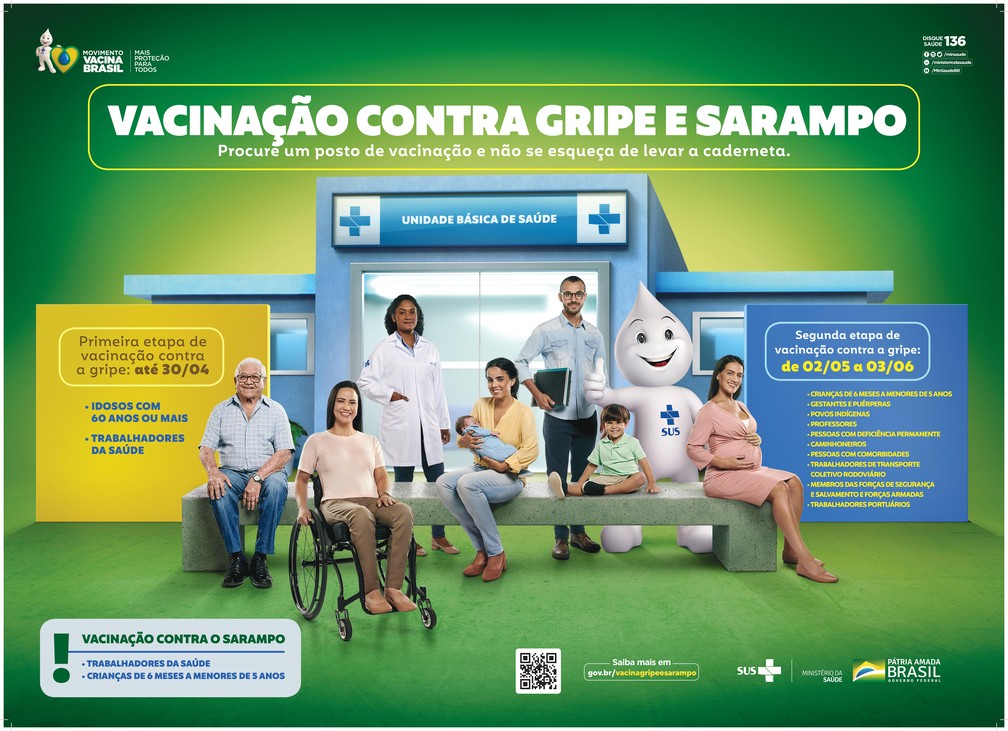 Cartaz da campanha de vacinação contra gripe e sarampo — Foto: Ministério da Saúde