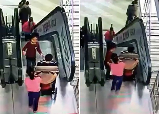 Os dois empurram o carrinho com o bebê na escada rolante (Foto: Reprodução/Daily Mail)