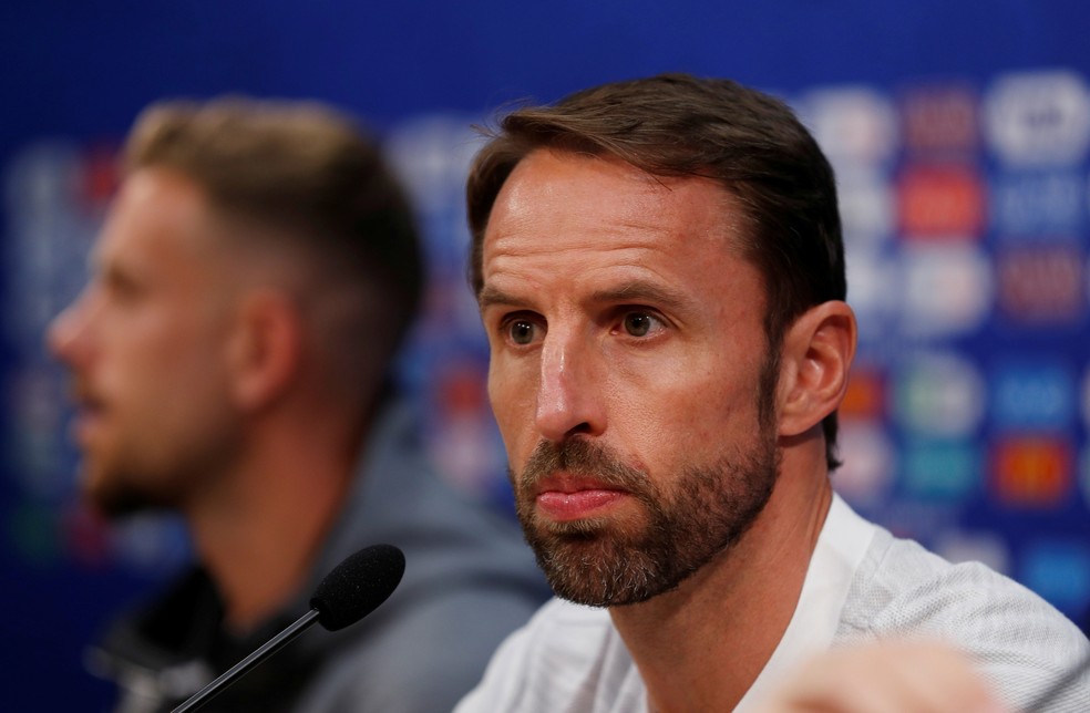 Gareth Southgate em entrevista coletiva neste (Foto: Carlos Barria / Reuters)